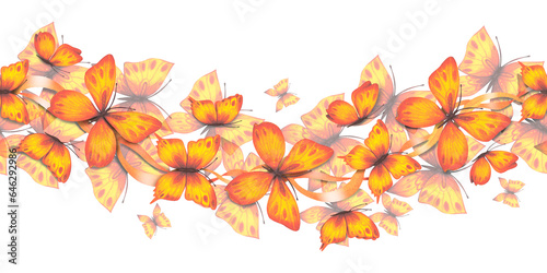 Seamless border with abstract orange butterflies , watercolor