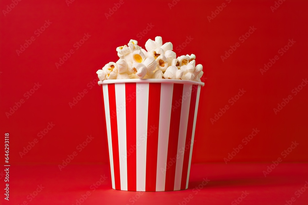 Red and white popcorn box on a red backdrop. Generative AI
