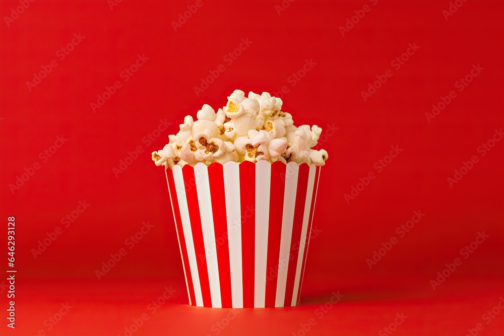 Red and white popcorn box on a red backdrop. Generative AI