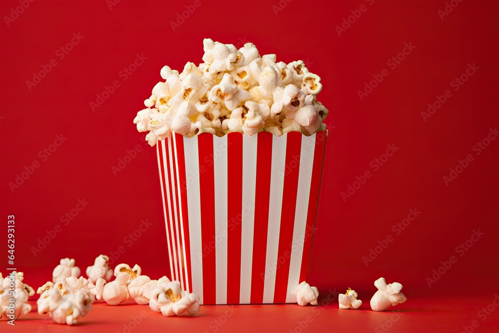 Red and white popcorn box on a red backdrop. Generative AI Red and white popcorn box on a red backdrop. Generative AI