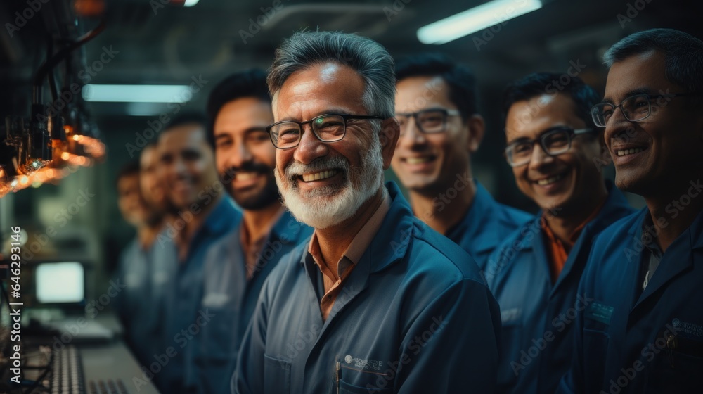 Group of senior Indian men working with data systems in a server room. Generative AI