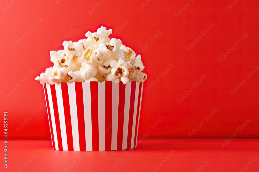 Red and white popcorn box on a red backdrop. Generative AI