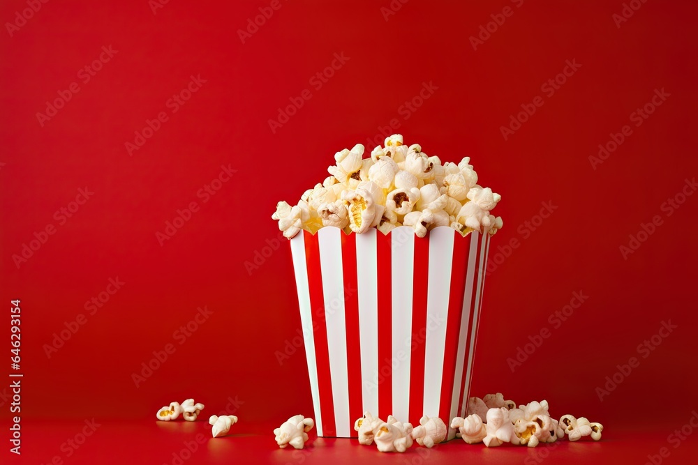 Red and white popcorn box on a red backdrop. Generative AI Red and white popcorn box on a red backdrop. Generative AI