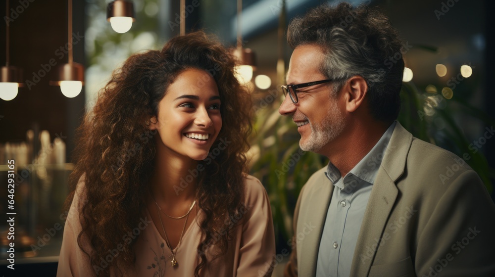 An elderly man happily assisting a young office colleague with a smile. Generative AI An elderly man happily assisting a young office colleague with a smile. Generative AI