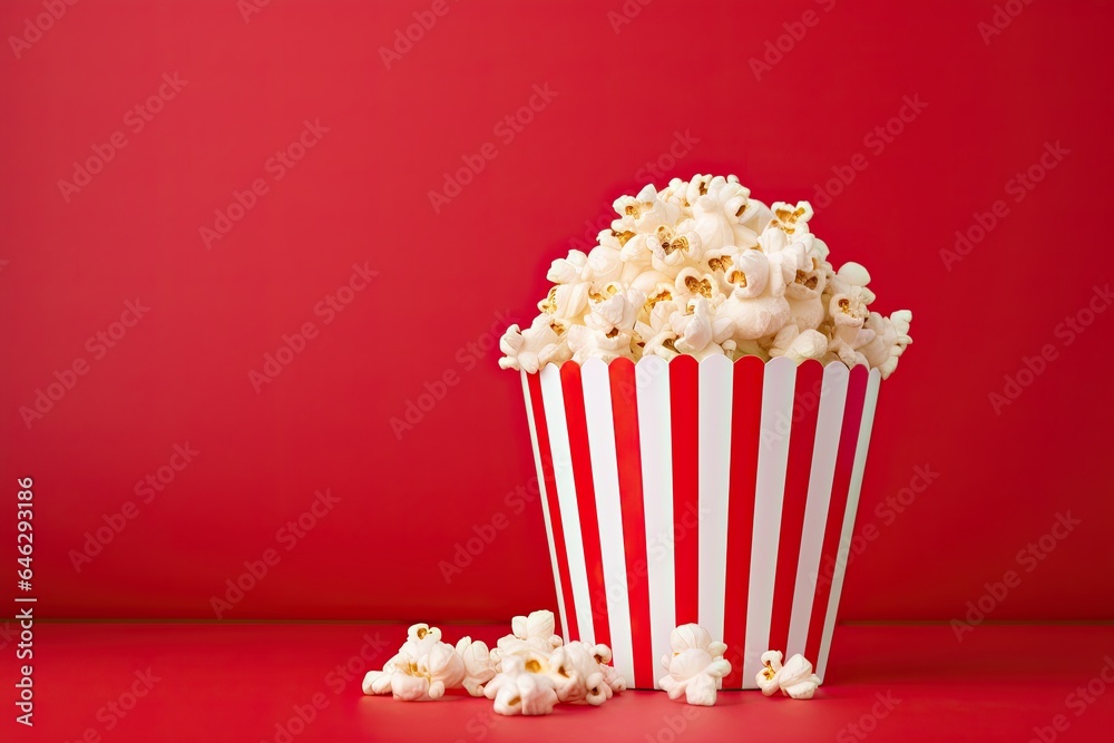 Red and white popcorn box on a red backdrop. Generative AI