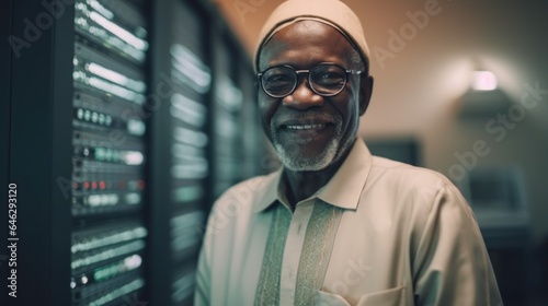 An Afro senior man in a data center, tending to servers. Generative AI