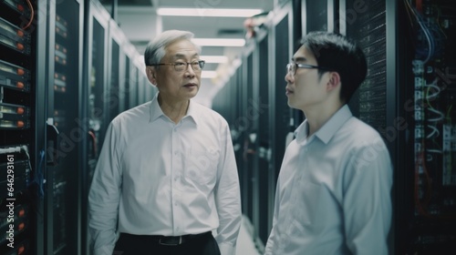 Two senior men in a data center, tending to servers. Generative AI