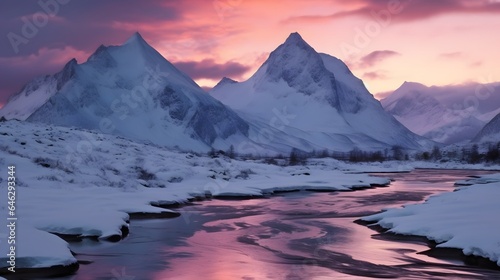 Pink winter sunrise shines arcross Stortind mountain peak,