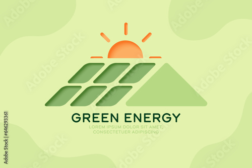 Solar panel and Sun, 3D paper art style. Renewable energy and Sustainability concept.Banner template background. Vector illustration.