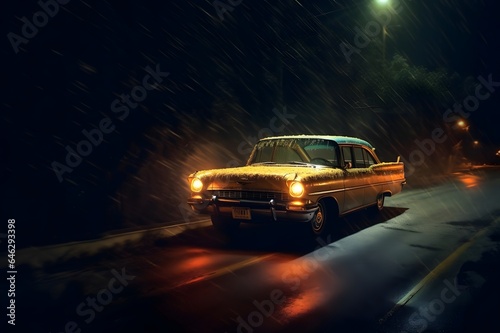 Old car on the road in the city at night