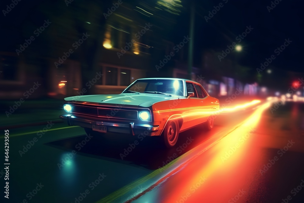 Retro car on the road in the city at night