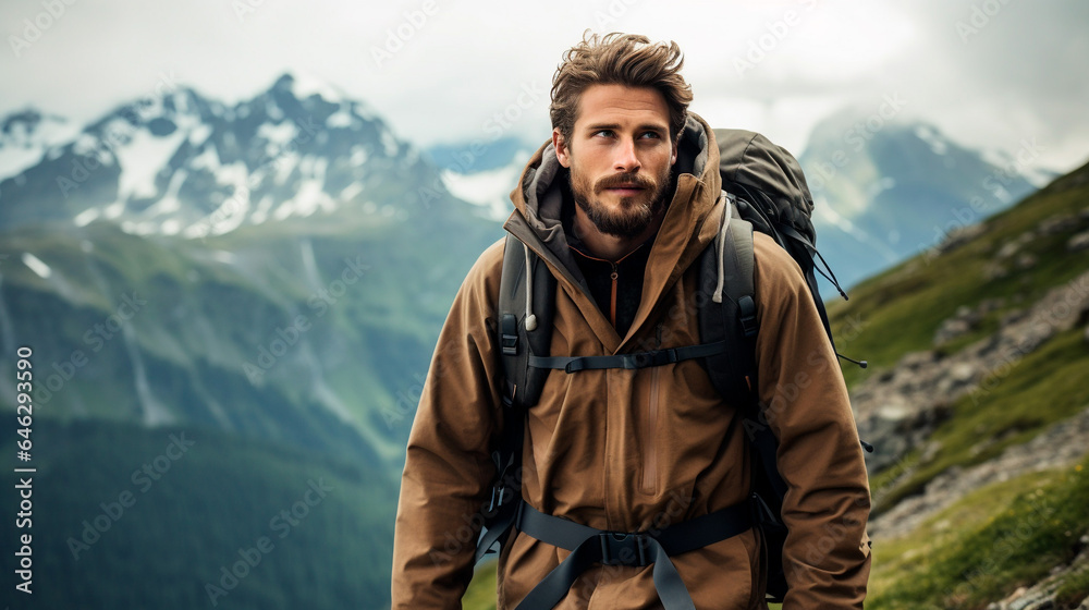 portrait of man trekking in the mountains 