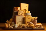 Various types of cheese on a wooden board on a black background