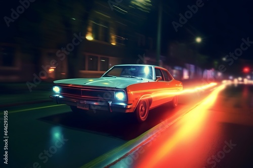 Retro car on the road in the city at night