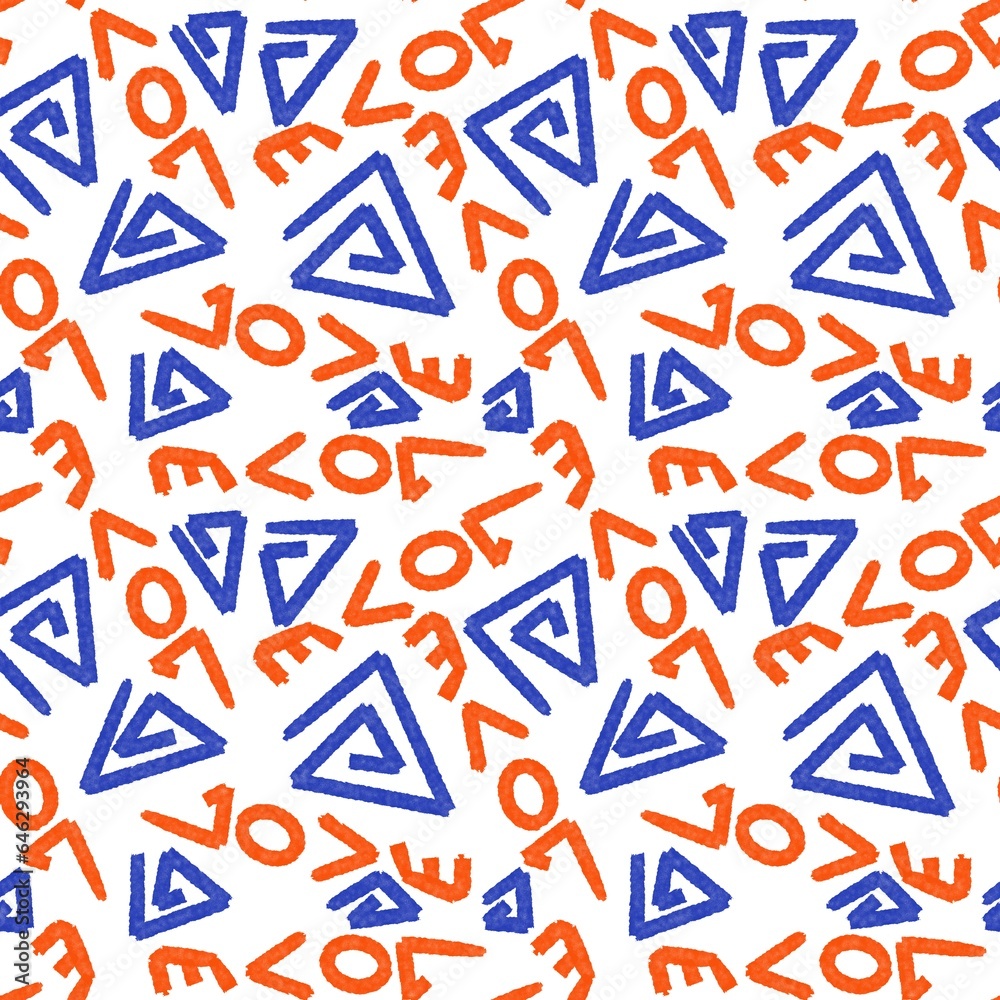 Seamless lettering pattern. Love letters and square swirls, meander. Blue, orange and white colors. Abstract background. Design for textile fabrics, wrapping paper, background, wallpaper, cover.
