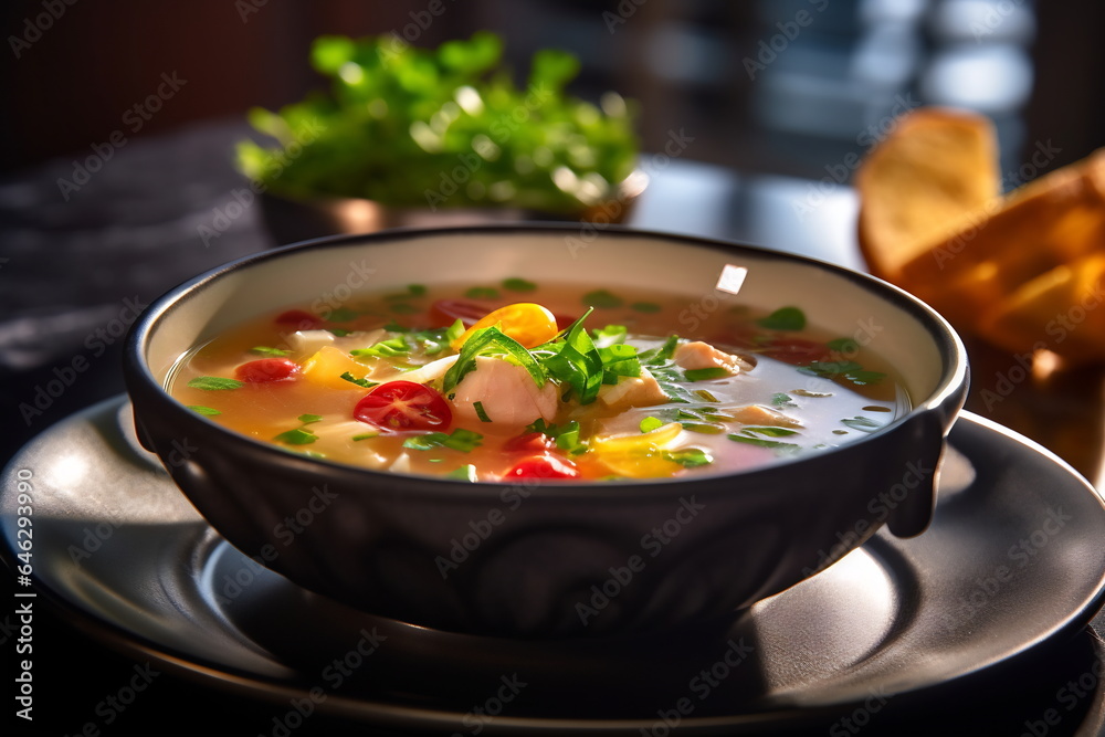 Bowl of soup on a dark background. Selective focus. Hot food concept Bowl of soup on a dark background. Selective focus. Hot food concept