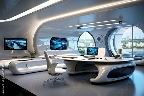 Modern office with futuristic design and a touch of opulence. Generative AI