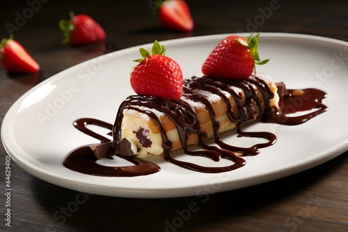 Plate with delicious chocolate crepes and strawberries on wooden table
