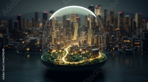 Compose an image of a light bulb with a miniature cityscape inside it, illuminated by LEDs, symbolizing the efficient and eco-friendly lighting of urban areas © Yasin Arts