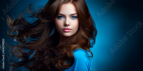 Beautiful young woman with blowing wavy long brunette hair on blue background. Hair Style, hair care