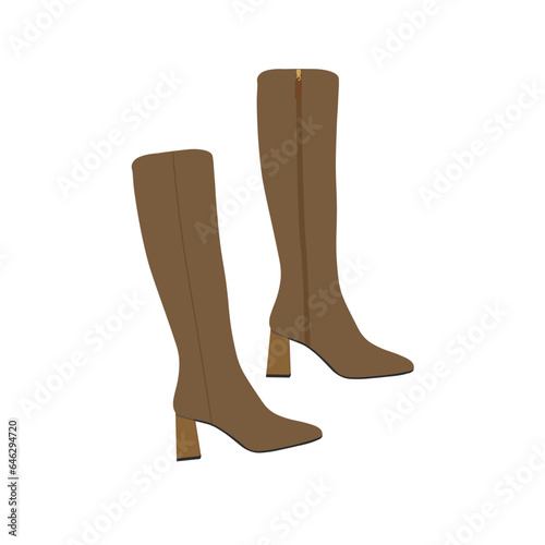 Brown suede knee boots flat illustration vector isolated on white background. Women and girl winter shoes