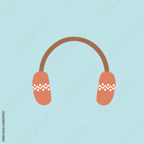 Dark orange earmuff with white patterns flat illustration vector isolated on colored background. Women and girl winter accessories