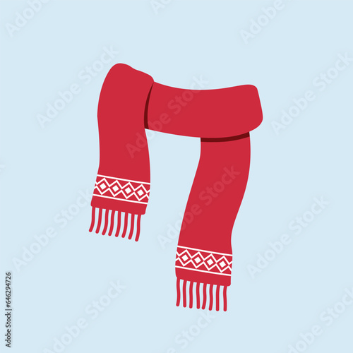 Red scarf with white patterns flat illustration vector isolated on colored background. Women and girl winter clothes