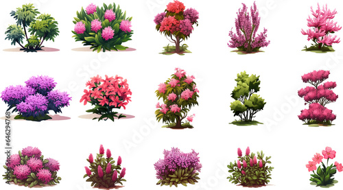 Set of flower bushes on a white background. Generative AI