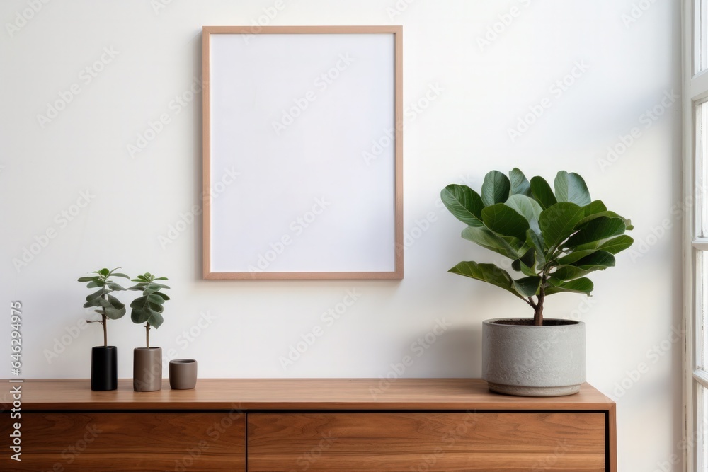blank poster frame mockup on white wall living room with wooden sideboard with small green plant