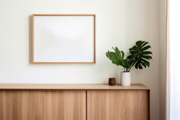 blank poster frame mockup on white wall living room with wooden sideboard with small green plant