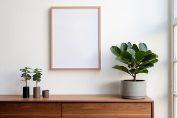 blank poster frame mockup on white wall living room with wooden sideboard with small green plant