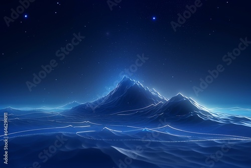 Blue mountain landscape with shimmering light and particles. Abstract 3D background. Generative AI