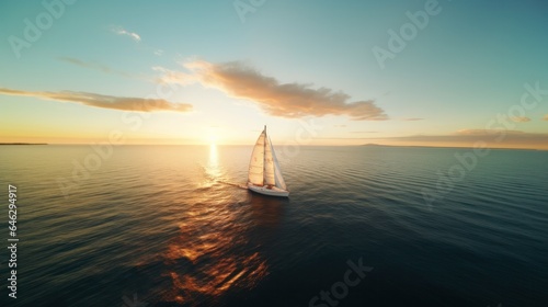 aerial view of boat sailing on the ocean during sunset