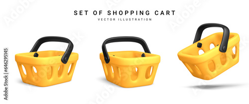 Set of 3d realistic yellow plastic shopping cart isolated on white background. Vector illustration