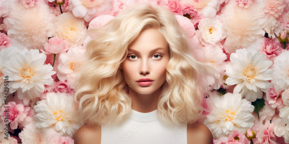 Naklejka premium Beauty blonde woman long wavy hair, healthy skin, natural makeup, blue eyes on flowers background