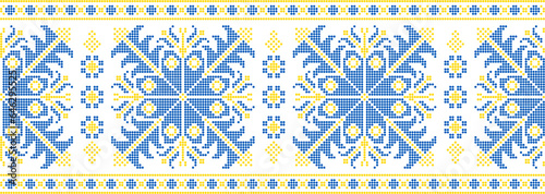 Vector illustration of Ukrainian ornament in ethnic style, identity, vyshyvanka, embroidery for print clothes, websites, banners. Background. Geometric design, border, copy space, frame