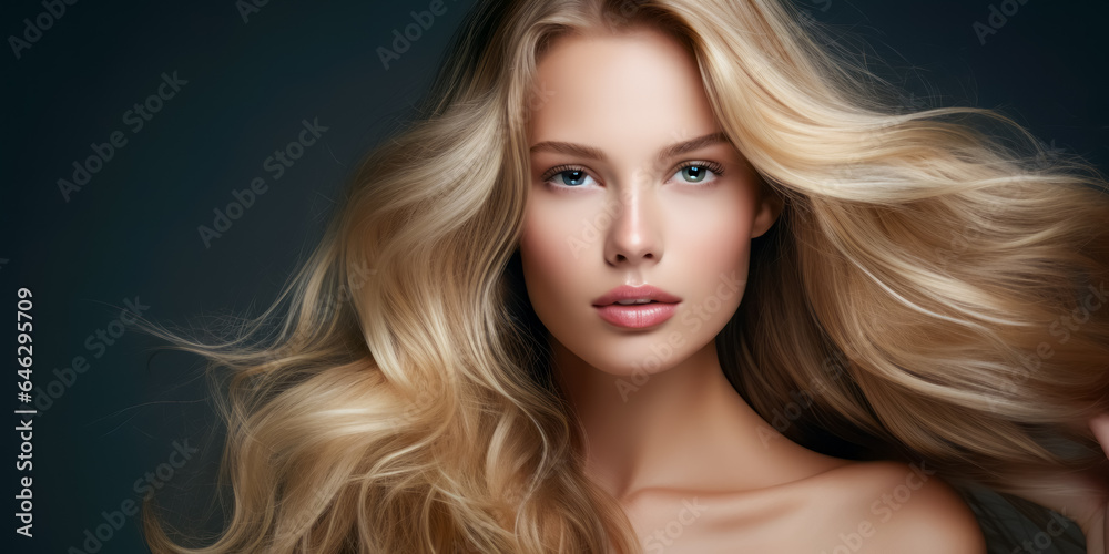 Beautiful young woman with healthy wavy long blonde hair. Hair Style, hair dye, hair care Beautiful young woman with healthy wavy long blonde hair. Hair Style, hair dye, hair care