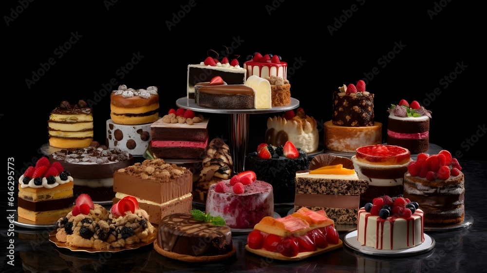 Variety of colorful cakes on black background