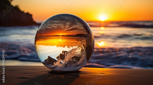 Craft a breathtaking picture of a glass globe hovering above a serene beach at sunset  with its light powered by the energy of crashing waves