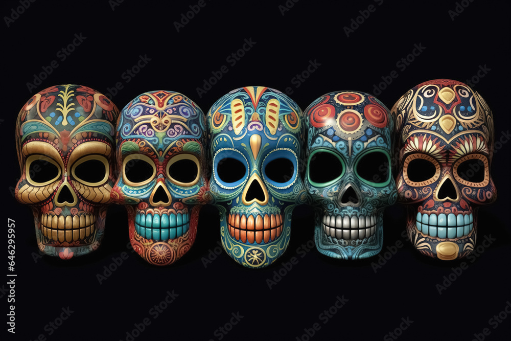 Day of the dead, Dia de los muertos, set of sugar skulls. Generative Ai Day of the dead, Dia de los muertos, set of sugar skulls. Generative Ai