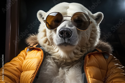 polar white bear wears a warm yellow jacket and sunglasses. Generative Ai