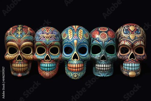 Day of the dead, Dia de los muertos, set of sugar skulls. Generative Ai