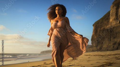 Smiling young plus size african american female in swimsuit sandy beach looking away near foamy ocean under blue cloudy sky in daylight