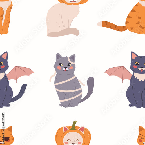 Cute seamless pattern with cats in halloween costumes