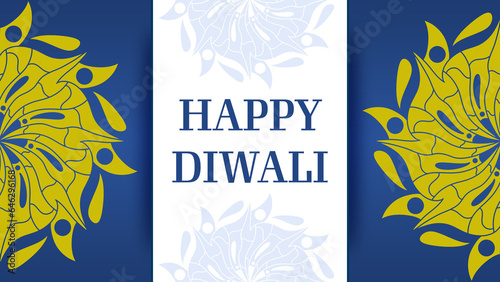 Happy Diwali Mandala Blue Gold Left Right Horizontal Text 