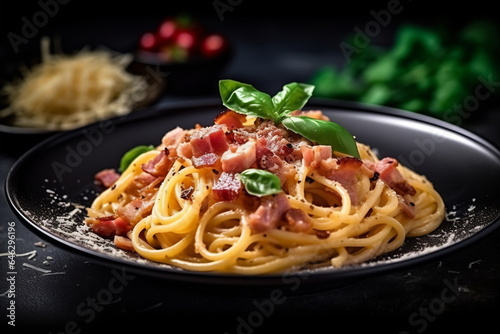A heaped plate of traditional Italian spaghetti Carbonara. Close-up view