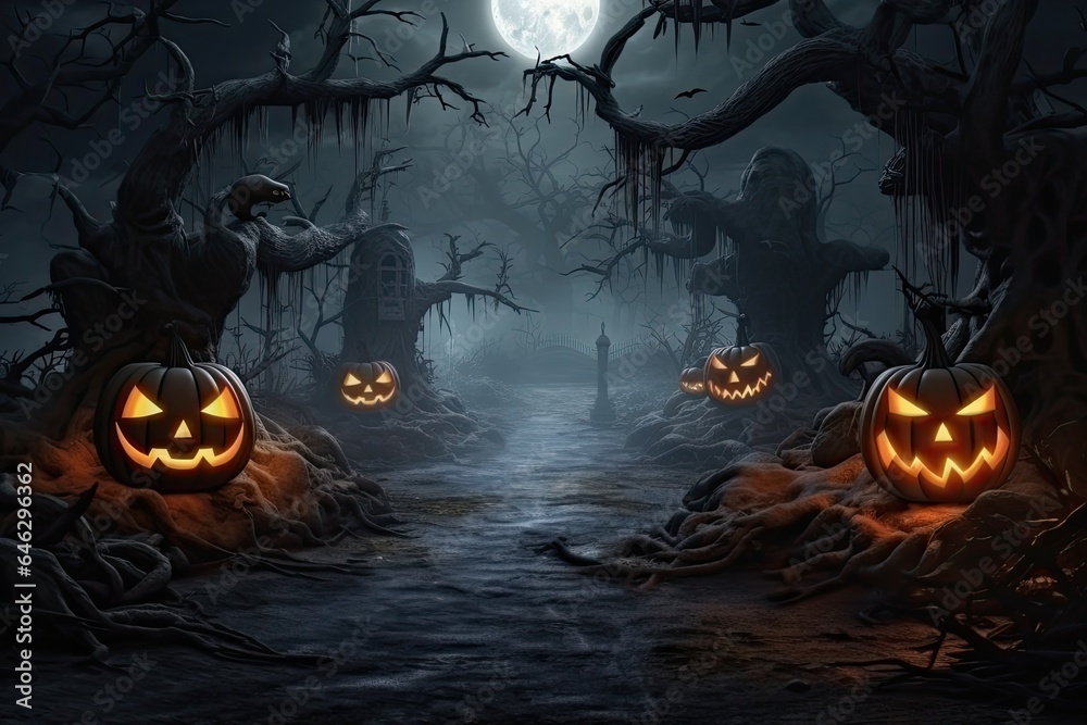 Night Halloween in the forest. Creepy illuminated pumpkins and a dark castle . Generative AI Night Halloween in the forest. Creepy illuminated pumpkins and a dark castle . Generative AI