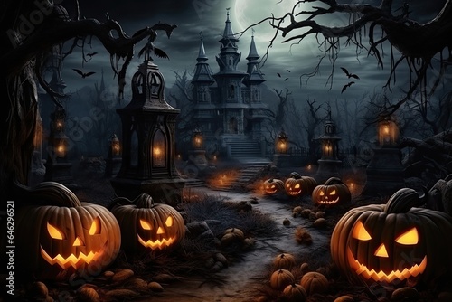 Night Halloween in the forest. Creepy illuminated pumpkins and a dark castle . Generative AI