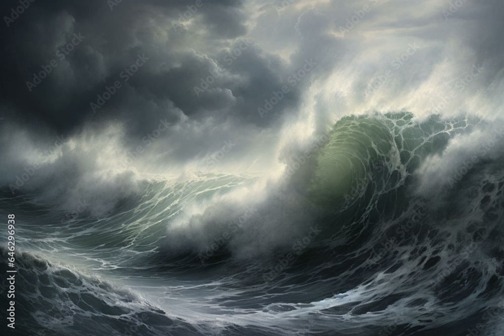 A turbulent ocean with dark clouds and large waves crashing against the shore. Generative AI