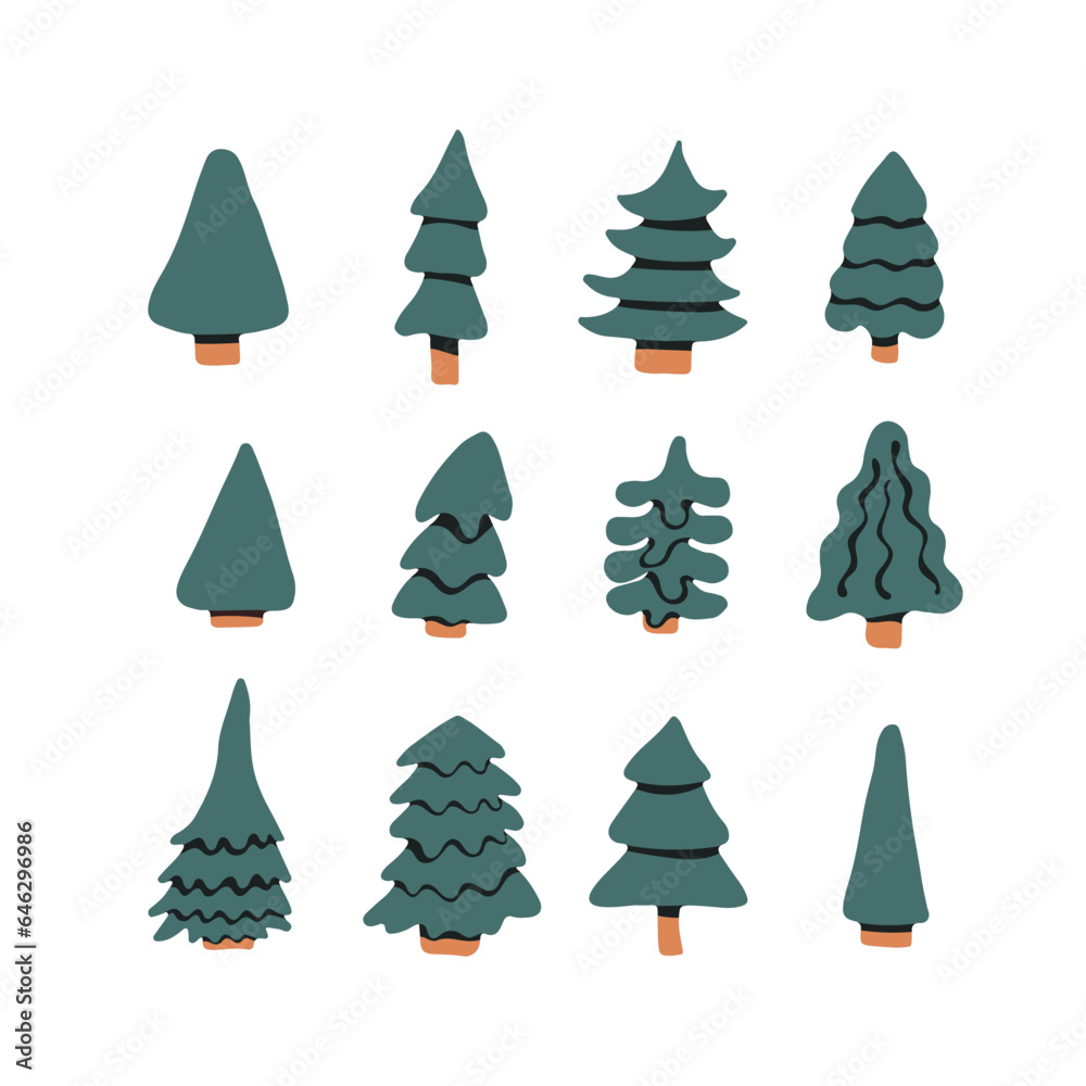 Set of cute Christmas trees with snowflakes for New Year and Christmas designs. Happy new year. Vector illustration. Hand-Drawn. Flat design. Set of cute Christmas trees with snowflakes for New Year and Christmas designs. Happy new year. Vector illustration. Hand-Drawn. Flat design.